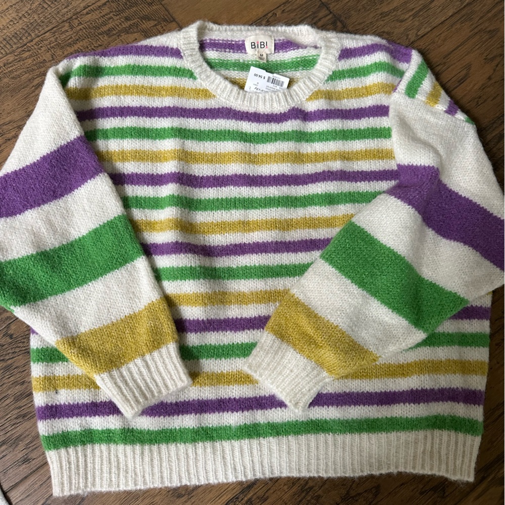 BiBi Striped Sweater in Purple, Green, and Yellow Perfect for Mardi Gras